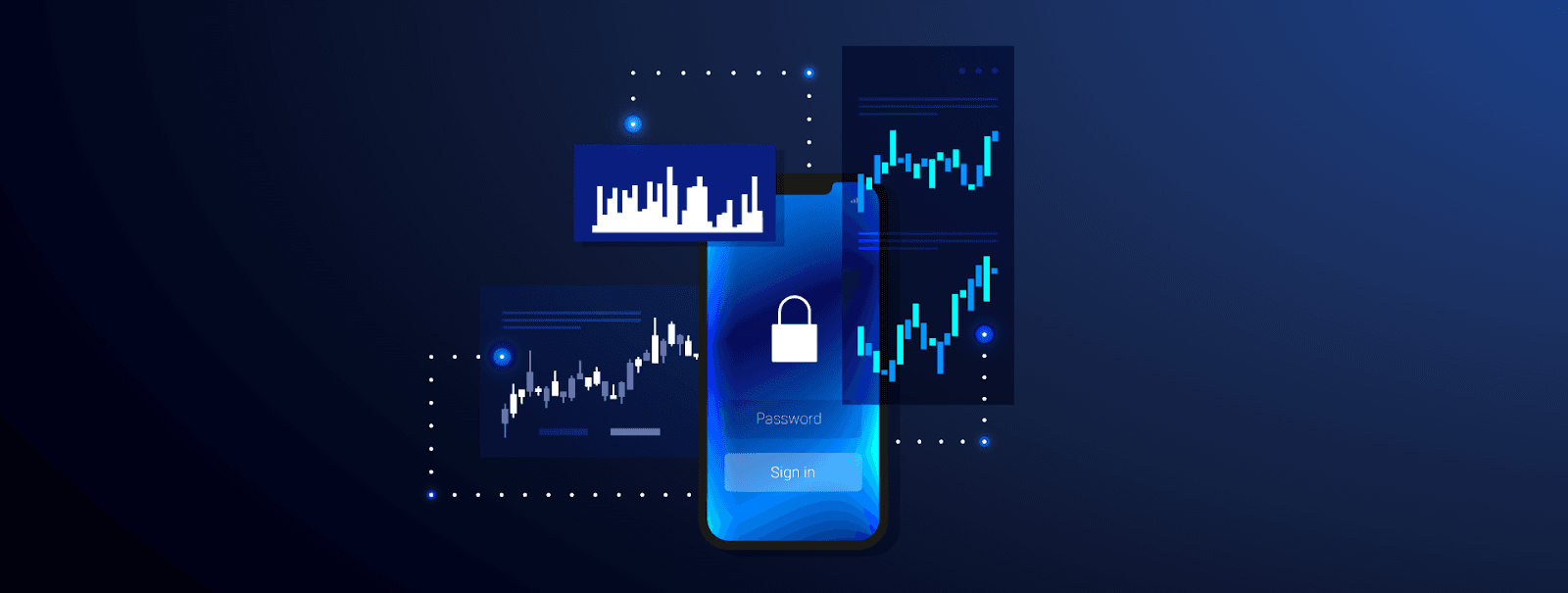 Mobile trading app with price charts and a security lock icon