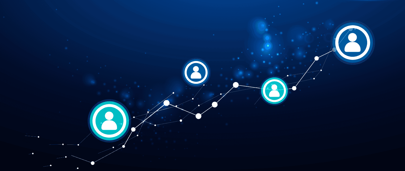 Illustration of connected user icons along a rising growth line